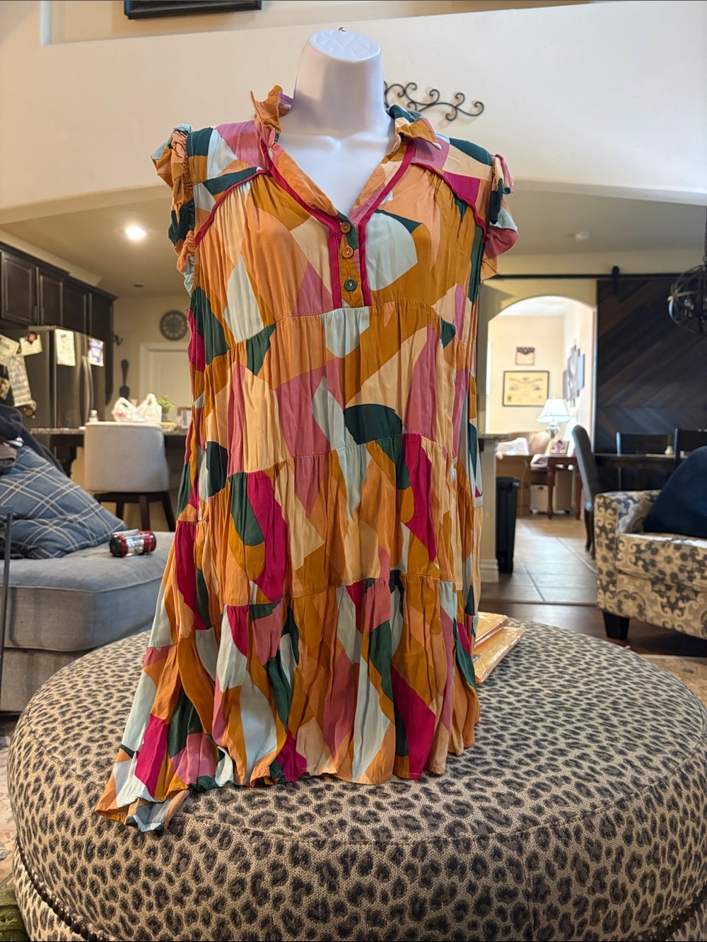 Umgee Multicolor Geometric Tiered Mini Dress in Mustard, Pink & Green